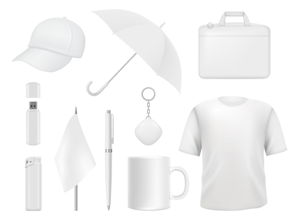 Werbemittel-Beispiele, in weiß gehalten: Kappe, Regenschirm, Laptoptasche, USB Stick, Kugelschreiber, Feuerzeug, Tasse, Schlüsselanhänger, T-Shirts, Wimpel